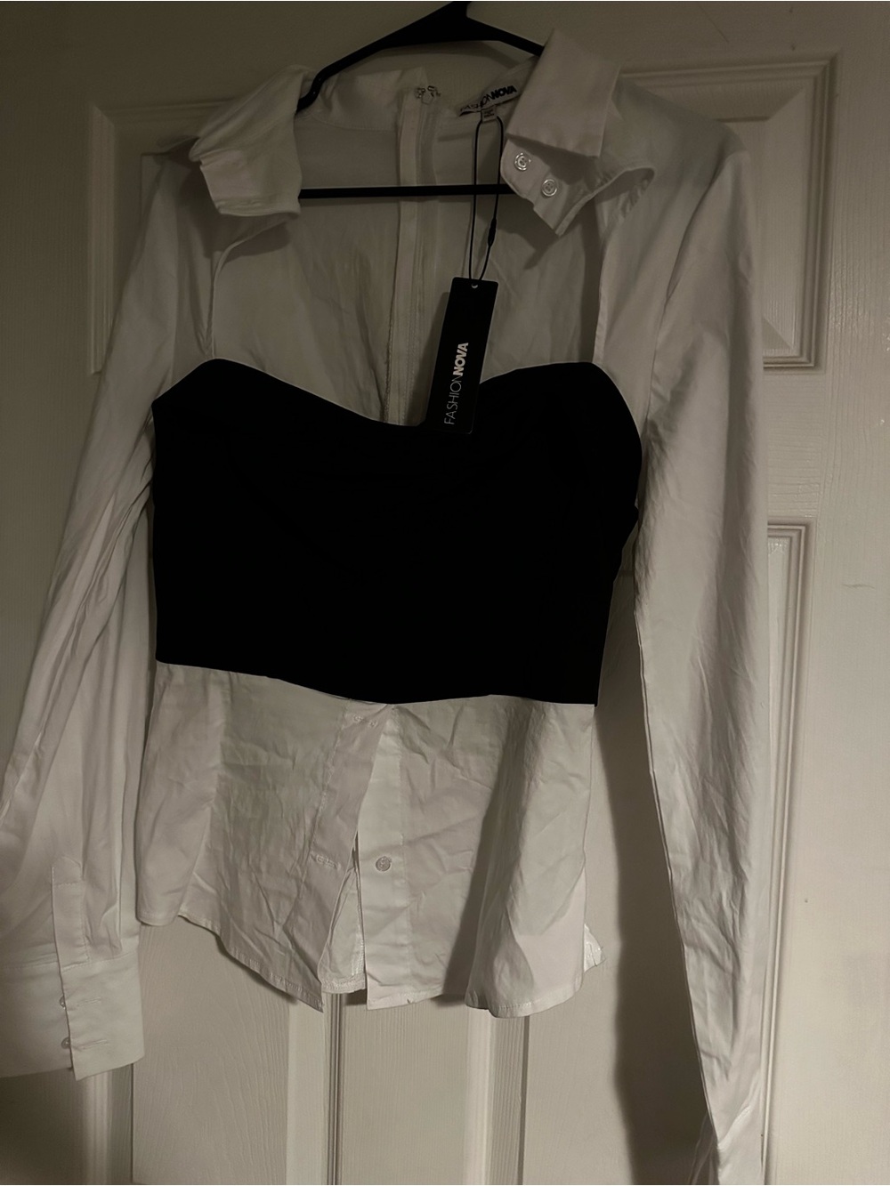 Fashion Nova White Button-Down with Black Bustier Accent